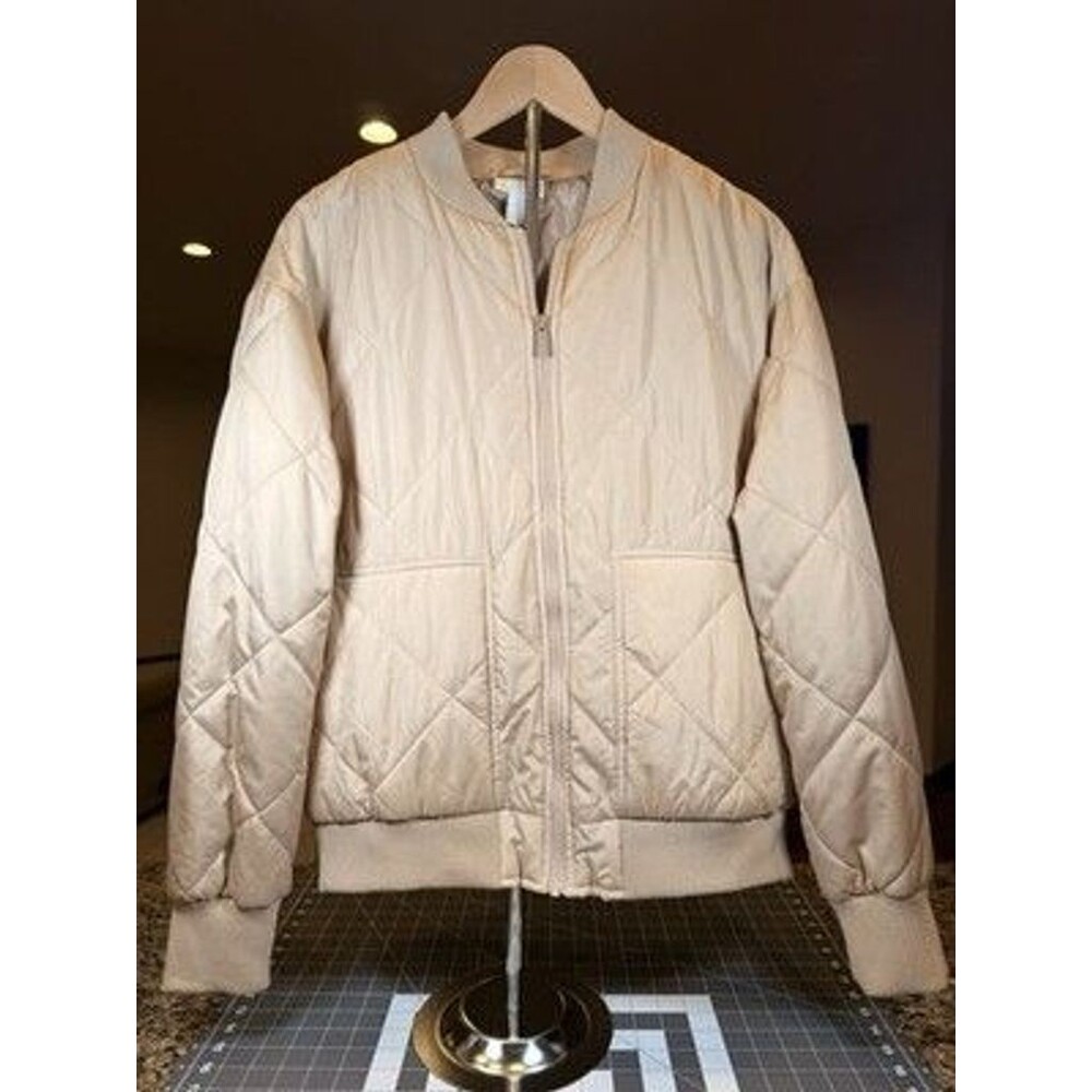 Zella Women's M Quilted Bomber Jacket Beige Tan Full Zip Ribbed Collar Pockets